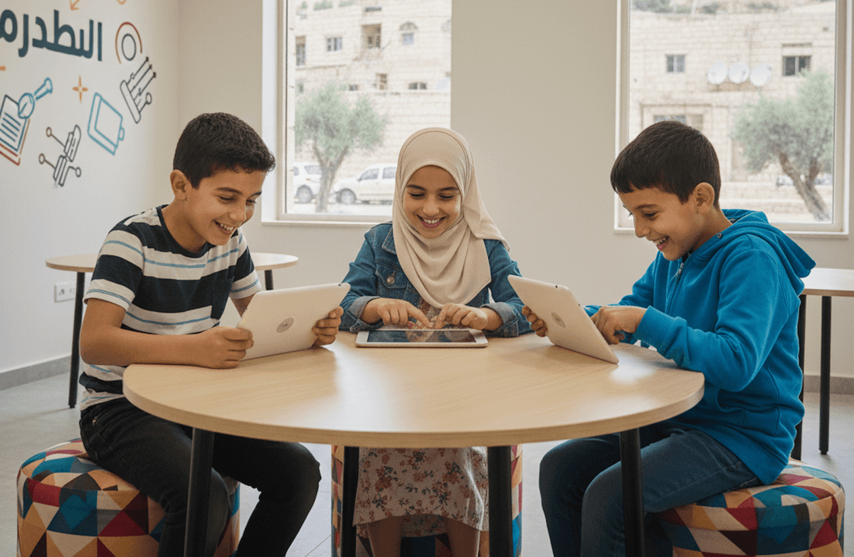 Happy children learning with tablets