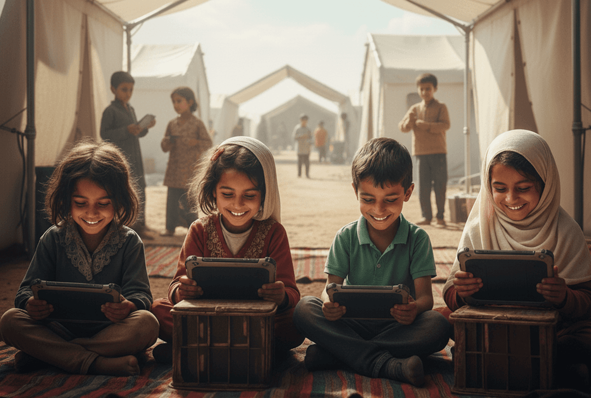 Happy children learning with tablets